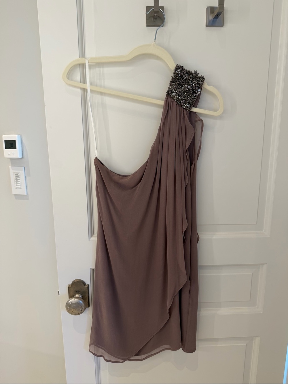 French Connection One-Shoulder Mauve Beaded Cocktail Dress, Size 8